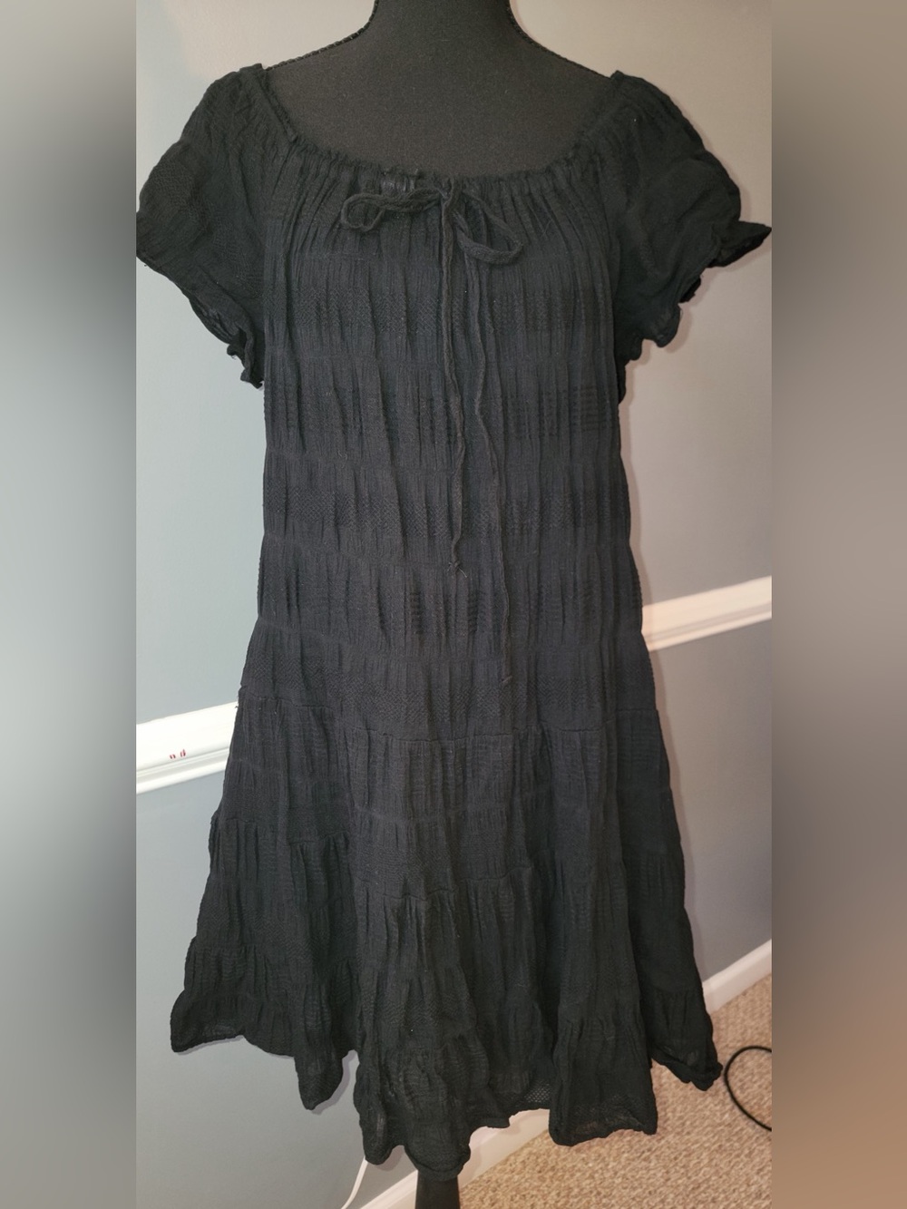 Max Studio Black Gauze Peasant Top with Tie Neck